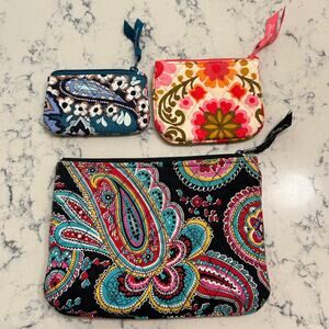 3 Vera Bradley Zip Pouches 9" Parisian Paisley Folkloric Haymarket Paisley